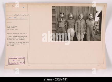 Différents types de masques à gaz utilisés par les alliés et les Allemands pendant la première Guerre mondiale De gauche à droite : américain, britannique, français et allemand. Photographie prise le 19 avril 1918, au Camp Kearny, San Diego, Californie. Publié le 9 mai 1918, par la branche historique de la Division des plans de guerre. Banque D'Images