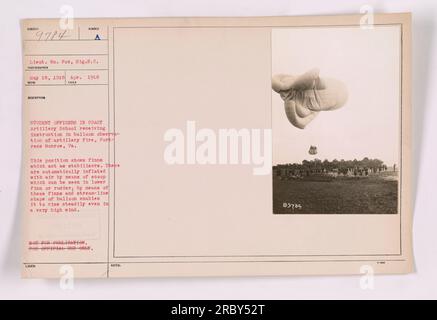 Élèves officiers de l'école d'artillerie côtière recevant une instruction dans l'observation par ballon des tirs d'artillerie. Le ballon est équipé d'ailettes qui agissent comme stabilisateurs. Les ailerons sont automatiquement gonflés avec de l'air par une pelle située dans l'aileron inférieur ou le gouvernail. Cela permet au ballon de monter régulièrement, même en cas de vents violents. Banque D'Images