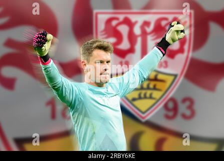 MONTAGE PHOTO : Alexander NUEBEL changement possible pour VFB Stuttgart. PHOTO D’ARCHIVE : Jubilation Goalwart Alexander NUEBEL (NÃ bel)(Monaco). Football Europa League, Knockout Round - play-off première étape, Bayer 04 Leverkusen (LEV) - AS Monaco 2 : 3, le 16 février 2023 à Leverkusen/Allemagne. #Le règlement de l'UEFA interdit toute utilisation de photographies comme séquences d'images et/ou quasi-vidéo # Banque D'Images