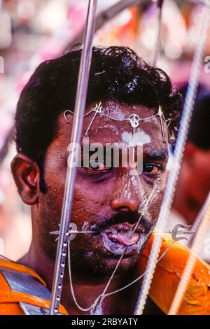 Dévot avec le corps percé dans une procession religieuse à Thaipusam, Singapour, Asie du Sud-est Banque D'Images