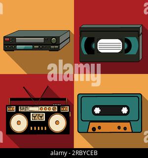 Un ensemble de quatre icônes simples de style plat avec une longue ombre de l'ancien rétro rétro hipster antique électronique, magnétophone, cassette audio, lecteur vidéo a Illustration de Vecteur
