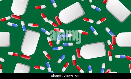 Sans fin modèle sans couture des articles médicaux scientifiques médicaux de bocaux pharmacologiques pour pilules et pilules de médicaments capsules sur un fond vert. Vect Illustration de Vecteur