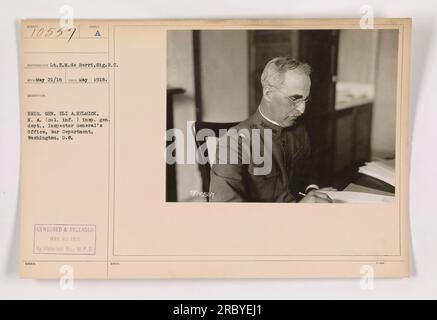 Brig. Le général Eli A. Helmick, N. A., du bureau de l'inspecteur général du département de la Guerre à Washington, D.C., est vu sur cette photographie. La photo a été prise le 21 mai 1918 par le lieutenant E.M. de Berri du corps des signaux. Il a été publié et censuré le 25 mai 1918. L'image est étiquetée 10557. Banque D'Images