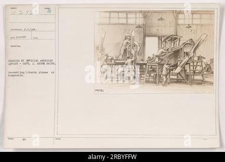 Légende : « dessin du capitaine J. Andre Smith, artiste américain officiel, représentant l'assemblage des avions Liberty à Romaratin, Missouri. L'image montre le processus de construction de ces avions pendant la première Guerre mondiale. Date : 1 mars 1919. » Banque D'Images