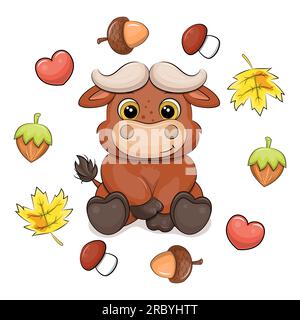 Mignon buffle de bande dessinée dans le cadre d'automne. Illustration vectorielle d'un animal avec des noix, glands, feuilles, coeurs et champignons sur un fond blanc. Illustration de Vecteur