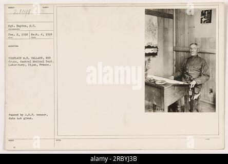 Le sergent Reyden a capturé l'image le 4 septembre 1918, au service médical central. Laboratoire à Dijon, France. La photographie représente l'aumônier M.H. Wallace, membre de la Croix-Rouge. La date de censure de l'A.E.P. et la délivrance de SOTER 28098 sont inconnues. Banque D'Images