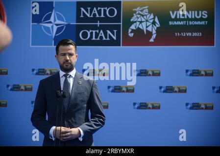 Vilnius, Lituanie. 11 juillet 2023. Forum public de l'OTAN 2023 au Centre lituanien d'exposition et de congrès LITEXPO. Le président du Monténégro Jakov Milatovic arrive sur le site du sommet. 11.07.2023 Lituanie, Vilnius crédit photo : Alexi Witwicki/Sipa USA crédit : SIPA USA/Alamy Live News Banque D'Images