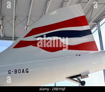 Aileron arrière avec la livrée British Airways aérospatiale et British Aircraft Corporation Concorde G-BOAG Seattle Washington State USA Banque D'Images