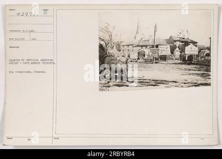 Légende : un dessin du capitaine Ernest Peixotto, artiste officiel américain, basé sur une photographie prise par SC Lab Rico le 1 mars 1919. L'image montre le carrefour à Buzancy pendant la première Guerre mondiale Le dessin a été publié par l'armée américaine et donne un aperçu de leurs activités. Banque D'Images