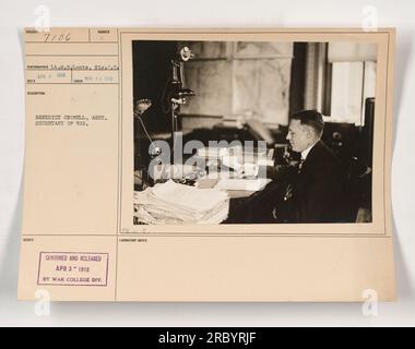 Image montrant Benedict Crowell, secrétaire adjoint à la Guerre, pendant la première Guerre mondiale La photographie, prise le 28 mars 1918, a été censurée et publiée par le laboratoire de la Division du War College. Le numéro de l'image est A7106, avec le lieutenant M.S. Lentz du signal corps en tant que photographe. Banque D'Images