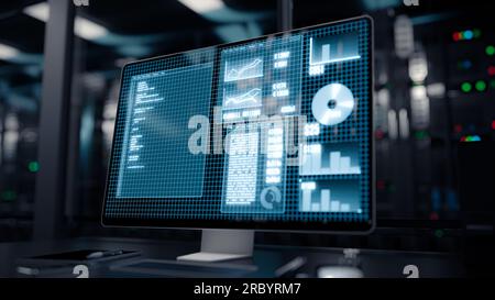 Ordinateur scientifique dans un laboratoire avec des graphiques affichés et des programmes de langage de programmation. Banque D'Images