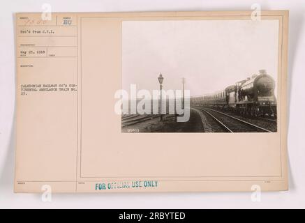 Pendant la première Guerre mondiale, cette photographie capture le train no 23 de Continental Ambulance exploité par le chemin de fer canadien Pacifique. Le train, connu sous le nom de Wunder, était en service pour la Caledonian Railway Company. La photo a été prise le 23 mai 1918 par un photographe du CPI. Cette photo est réservée à un usage officiel. Banque D'Images
