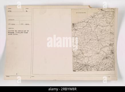 La photographie montre une carte du British War Office de la Belgique pendant la première Guerre mondiale. La carte est une feuille blanche à l'échelle 1:100 000 et inclut la ville de Lille. La photo a été prise par CD en 1918 et le symbole sur la carte indique qu'elle a été émise par E. Taren en en 1917. Banque D'Images