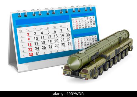 Missile Scud, système de missile balistique mobile à courte portée avec calendrier de bureau. Rendu 3D isolé sur fond blanc Banque D'Images