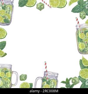 Cadre aquarelle de mojito froid frais et de ses ingrédients. Composition isolée sur blanc. Espace pour le texte. Tranches de citron vert, branche de menthe, pot Mason, tube. Banque D'Images