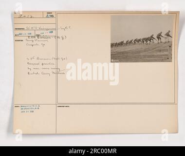 Des soldats de la 28e division au Camp Hancock, Augusta, Géorgie, pratiquent la baïonnette sous la direction de sous-officiers. Ils utilisent des méthodes empruntées à l'armée britannique. La photographie, numéro 2452, a été prise par le photographe S.P. Kingsmore. Il a été publié par le War Office Department à la Division photo le 26 janvier 1918. Banque D'Images