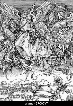 St Michael Fighting the Dragon 1498 par Albrecht durer Banque D'Images