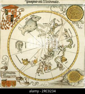 Carte du ciel austral, avec des représentations de constellations, ornée de l'écusson du cardinal Lang von Wellenburg, et d'une dédicace à lui avec ses armoiries et le copyright impérial 1515 par Albrecht durer Banque D'Images