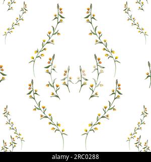 Ornement sans couture gracieux avec des fleurs de prairie jaunes. Motif floral aquarelle . Abstrait orné isolé sur fond blanc. Imprimé pour tissu Banque D'Images