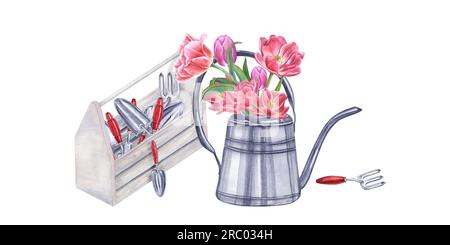 Outils de jardin aquarelle dans une boîte en bois. Bouquet de tulipes doubles roses dans un arrosoir en acier. Illustration isolée sur fond blanc. Truelles à main Banque D'Images