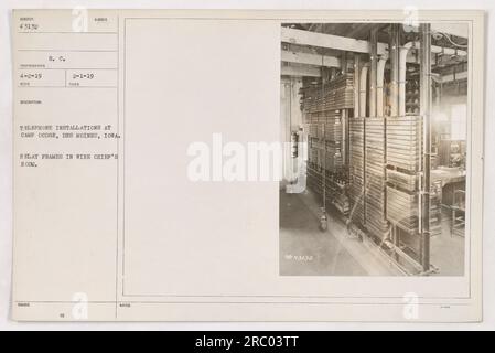 Installations téléphoniques à Camp Dodge, des Moines, Iowa. Cette photographie montre des cadres de relais dans la chambre du chef de fil. L'image a été émise le 4 mars 1919 et a reçu le numéro d'identification 43132. Banque D'Images