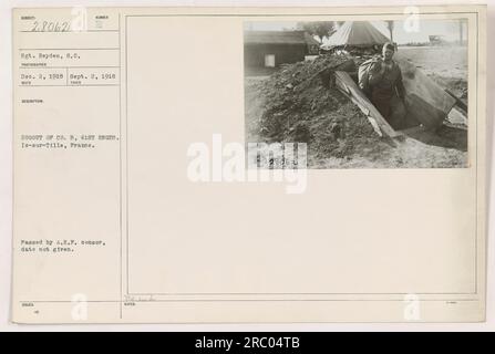 Le sergent Reyden a capturé l'image d'un pieu appartenant à la compagnie B du 41st Engineers à is-sur-Tille, en France. La photographie a été prise le 2 septembre 1918 et reçue le 2 décembre 1918. L'image montre un piquet numéroté. La photographie a été approuvée par le censeur de l'A.E.F. bien que la date de censure soit inconnue. Les remarques sur l'image sont documentées sous le numéro de sujet 28062. Banque D'Images