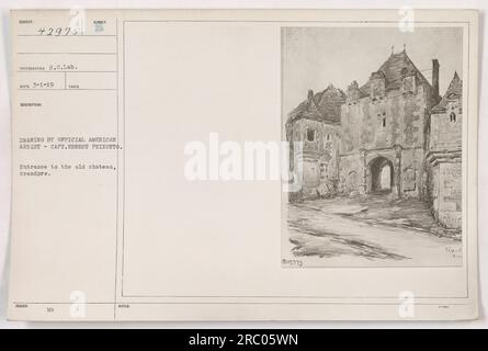 Légende : dessin officiel du capitaine Ernest Peixotto représentant l'entrée de l'ancien château de Grandpre. Cette œuvre, publiée pendant la première Guerre mondiale, offre une perspective unique sur les activités militaires américaines. Banque D'Images