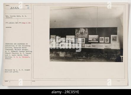 Le sergent Lucien Rode du corps des signaux est représenté sur cette photo. Les détails de cette image comprennent le numéro de photographe 111-SC-22026, la date à laquelle la photo a été prise le 5 août 1918, et des informations sur les croquis et les dessins exposés par plusieurs artistes, ainsi que la section presse du G.H.Q. Chaumont, France. La date de censure n'est pas précisée. Banque D'Images