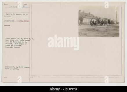 Sergent L. P. Morper de 8. C. est vu debout à côté d'un téléphérique appartenant à la compagnie B, 305th Field signal Battalion de la 80th Division. Ce wagon a été fourni par les Britanniques et peut être tiré par 6 chevaux. La photographie a été prise à Beauval, en France. Publié par A.E.P. Censurer, mais la date de libération est inconnue. Banque D'Images