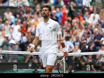 Londres, Royaume-Uni. 11 juillet 2023. Le serbe Novak Djokovic dans son match de quart de finale contre le russe Andrey Rublev lors des championnats de Wimbledon 2023 à Londres le mardi 11 juillet 2023. Photo Hugo Philpott/UPI crédit : UPI/Alamy Live News Banque D'Images