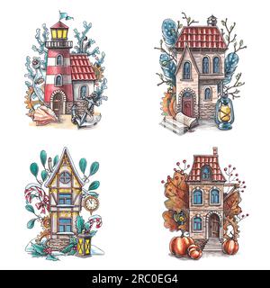 Ensemble de maison steampunk mignon. Illustrations à l'aquarelle dessinées à la main des saisons architecturales de conte de fées de l'année. Maisons, phare. Clipart sur un blanc Banque D'Images