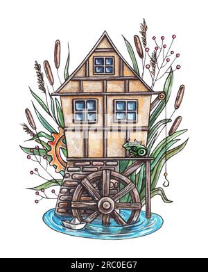 Moulin à eau steampunk. Aquarelle illustration dessinée à la main d'un moulin à vent mignon dans les roseaux. Composition sur fond blanc pour cartes postales, tirages et p Banque D'Images