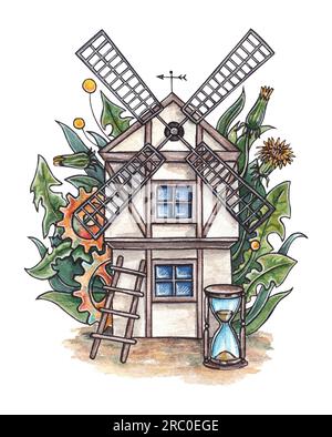 Moulin à vent steampunk. Aquarelle illustration dessinée à la main d'un moulin à vent mignon en pissenlits. Composition sur fond blanc pour cartes postales, tirages et p Banque D'Images