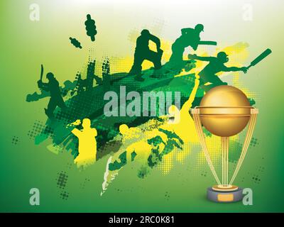 Fond de sport de cricket vert avec illustration des joueurs et coupe de trophée d'or. Illustration de Vecteur