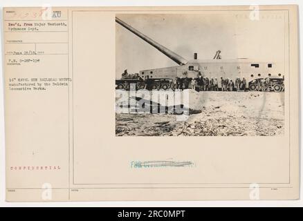 Une image capturant une monture de chemin de fer de canon naval au 14', fabriquée par Baldwin Locomotive Works. La photographie a été prise le 28 juin 1919 et est étiquetée comme confidentielle. Il a été reçu du major Westcott du département de l'ordonnance et a reçu le code 111-SC-21238. Banque D'Images