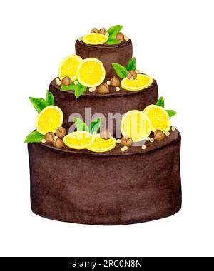 Gâteau au chocolat décoré de citrons, noix et menthe. Clipart de vacances aquarelle pour la conception de cartes postales, cartes de voeux, invitations, menus, logos, fa Banque D'Images