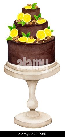 Gâteau au chocolat décoré de citrons, noix et menthe sur un stand. Clipart de vacances aquarelle pour la conception de cartes de voeux, invitations, menus, logos, fa Banque D'Images