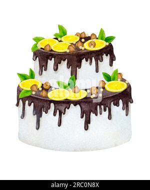 Gâteau décoré de chocolat, citrons, noix et menthe. Clipart de vacances aquarelle pour la conception de cartes de voeux, invitations, menus, logos, impression de tissu Banque D'Images