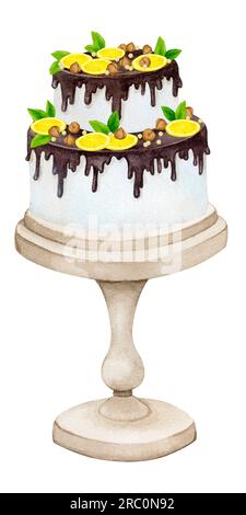 Gâteau décoré de chocolat, citrons, noix et menthe sur un stand. Clipart de vacances aquarelle pour la conception de cartes postales, cartes de voeux, invitations, menu Banque D'Images