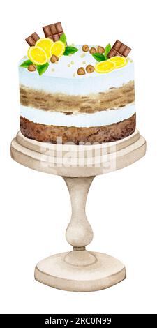 Gâteau décoré de citrons, chocolat et noix sur un stand. Clipart de vacances aquarelle pour la conception de cartes de voeux, invitations, menus, logos, tissu Banque D'Images