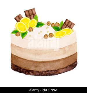 Gâteau décoré de citrons, chocolat, noix et menthe. Clipart de vacances aquarelle pour la conception de cartes postales, salutation, invitations, menus, logos, tissu Banque D'Images