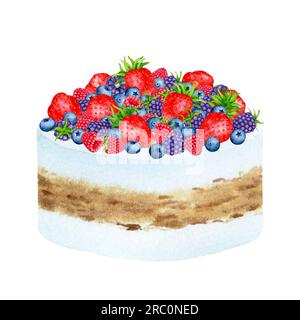 Gâteau d'anniversaire décoré avec des baies. Clipart de vacances aquarelle pour la conception de cartes postales, cartes de voeux, invitations, menus, logos, imprimés sur tissu. Nous Banque D'Images