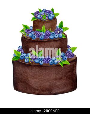 Gâteau au chocolat décoré de baies et de menthe. Clipart de vacances aquarelle pour la conception de cartes postales, cartes de voeux, invitations, menus, logos, tissu Banque D'Images