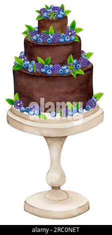 Gâteau au chocolat sur un stand décoré de baies et de menthe. Clipart de vacances aquarelle pour la conception de cartes de voeux, invitations, menus, logos, tissu Banque D'Images