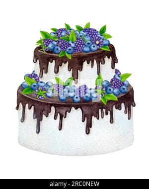 Gâteau au chocolat décoré de baies et de menthe. Clipart de vacances aquarelle pour la conception de cartes postales, cartes de voeux, invitations, menus, logos, tissu Banque D'Images