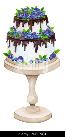 Gâteau au chocolat sur un stand décoré de baies et de menthe. Clipart de vacances aquarelle pour la conception de cartes de voeux, invitations, menus, logos, tissu Banque D'Images