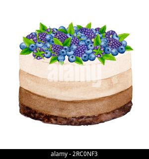 Gâteau décoré de mûre, myrtille et menthe. Clipart de vacances aquarelle pour la conception de cartes postales, cartes de voeux, invitations, menus, logos, fab Banque D'Images