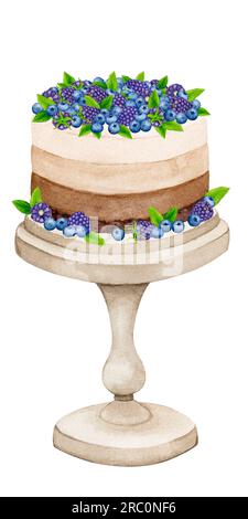 Gâteau sur un stand décoré de mûre, myrtille et menthe. Clipart de vacances aquarelle pour la conception de cartes postales, cartes de voeux, invitations, menus, Banque D'Images