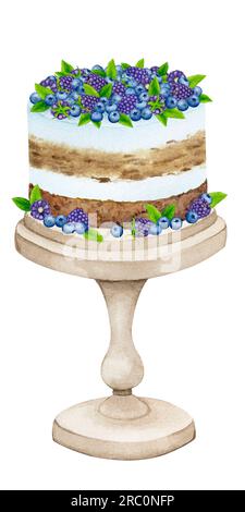 Gâteau sur un stand décoré de mûre, myrtille et menthe. Clipart de vacances aquarelle pour la conception de cartes postales, cartes de voeux, invitations, menus, Banque D'Images