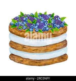 Gâteau décoré de mûre, myrtille et menthe. Clipart de vacances aquarelle pour la conception de cartes postales, cartes de voeux, invitations, menus, logos, fab Banque D'Images